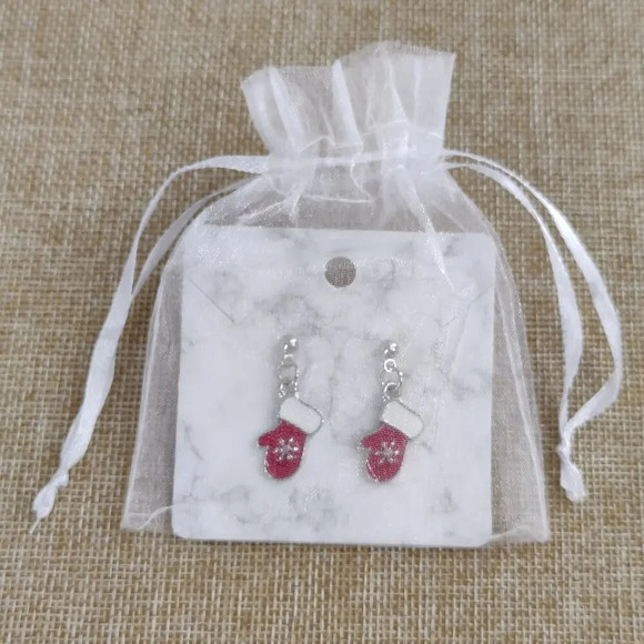 Holiday Earrings Christmas Mittens w/ Snowflake Studs Enamel Silver Plated - Picture 2 of 4